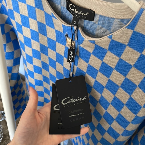 Cardigan, chessboard pattern, small, Caterina, blue, tan, beige, brand new - Picture 3 of 6
